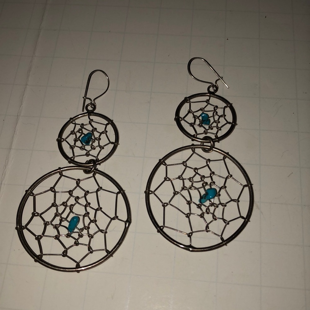 Silver tone wire pierced dream catcher earrings